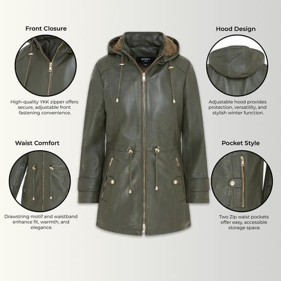 Grüner Lederparka für Damen mit abnehmbarer Borg-Kapuze und Trenchcoat – Trekker - Image 3
