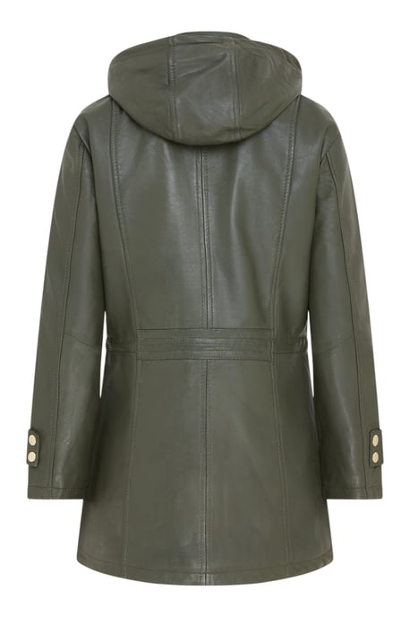 Grüner Lederparka für Damen mit abnehmbarer Borg-Kapuze und Trenchcoat – Trekker - Image 4