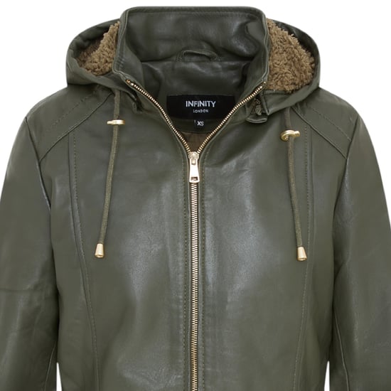 Grüner Lederparka für Damen mit abnehmbarer Borg-Kapuze und Trenchcoat – Trekker - Image 5