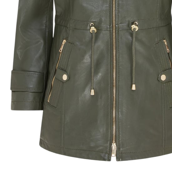 Grüner Lederparka für Damen mit abnehmbarer Borg-Kapuze und Trenchcoat – Trekker - Image 6