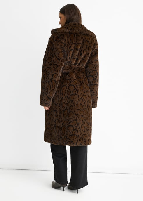 Schokoladen Leopard Print Premium Kunstpelz Gürtel Mantel - Image 3