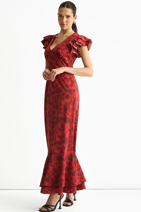 Rotes Maxikleid mit V-Ausschnitt und Blumendruck und Rüschen - Image 3