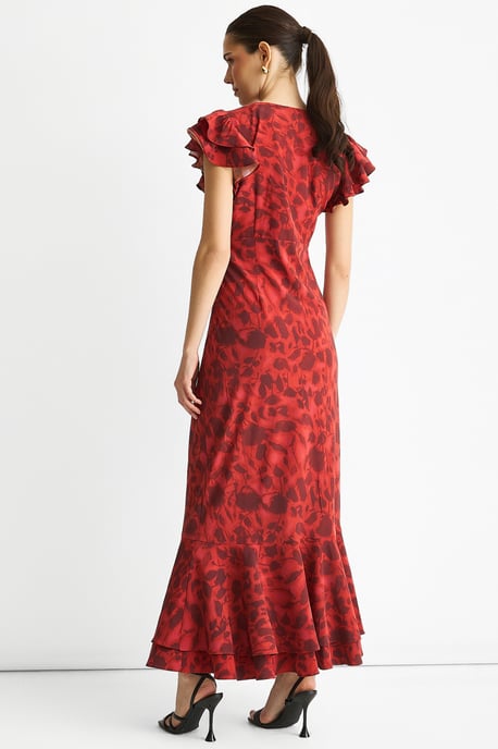 Rotes Maxikleid mit V-Ausschnitt und Blumendruck und Rüschen - Image 4