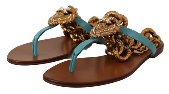 Kettenverzierte Lederflachsandalen Blau - Image 3