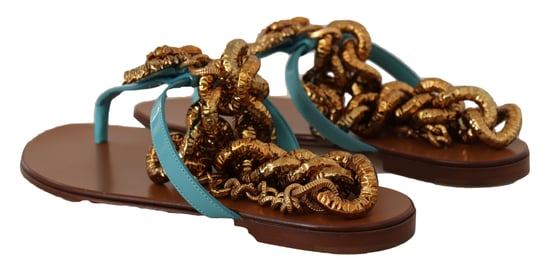 Kettenverzierte Lederflachsandalen Blau - Image 4