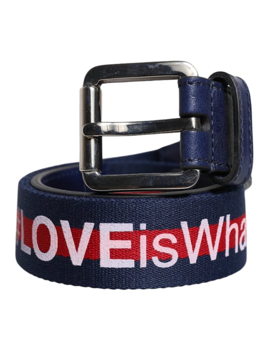 Dolce & Gabbana Blauer Baumwoll-Leder-Gürtel mit bedruckter Metallschnalle - Image 1