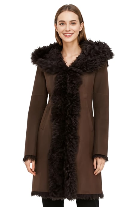 Brauner Damen-Trenchcoat mit Kapuze aus echtem Schafleder, Modell Toscana - Verona - Image 1