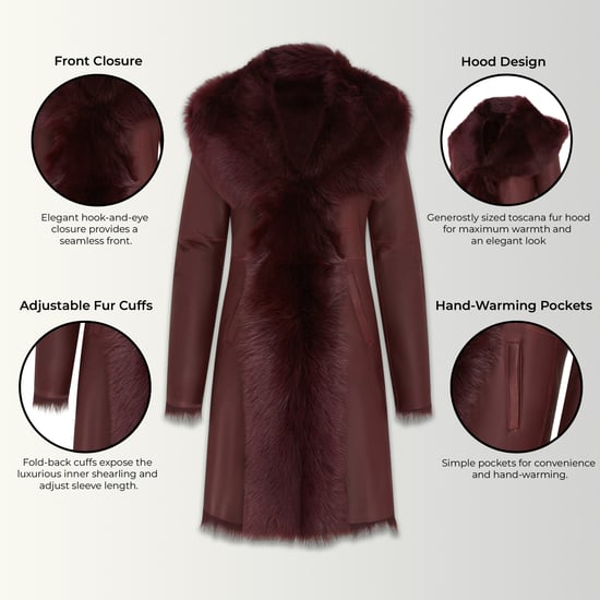Damen-Trenchcoat mit Kapuze aus echtem Schafleder, burgunderrot, Modell Toscana - Verona - Image 3