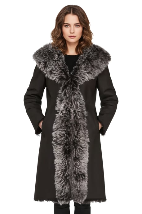Schwarzer Damen-Trenchcoat mit Kapuze aus echtem Schafleder, Modell Toscana - Verona - Image 1