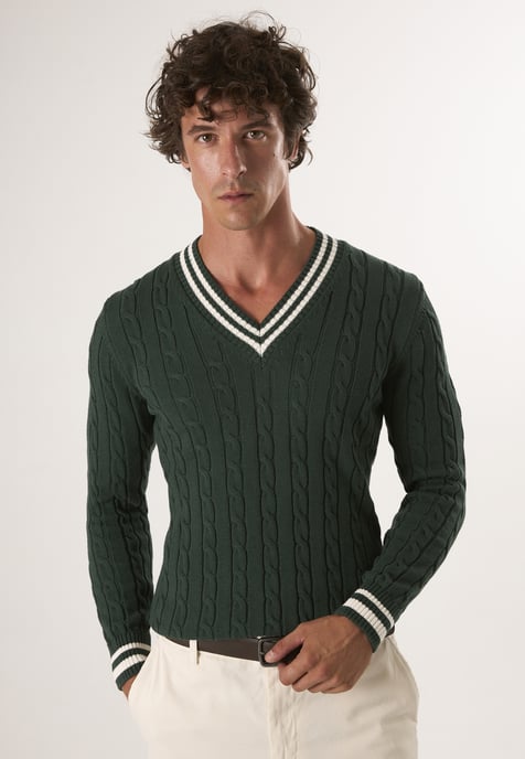 Pullover Basic-Pullover Mit V-Ausschnitt Und Zopfmuster - Image 1