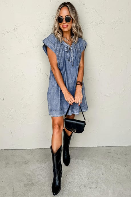 Denim-Kleid Lässig Rundhalsausschnitt Mini - Image 5
