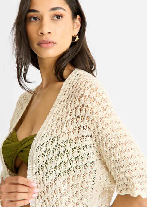 Beige Kante an Kante gehäkelte Strickjacke - Image 2