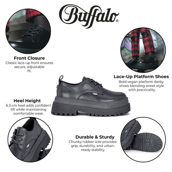 Buffalo Damen-Derbyschuhe, schwarz, mit Schnürung und Plateau – Pluto - Image 2