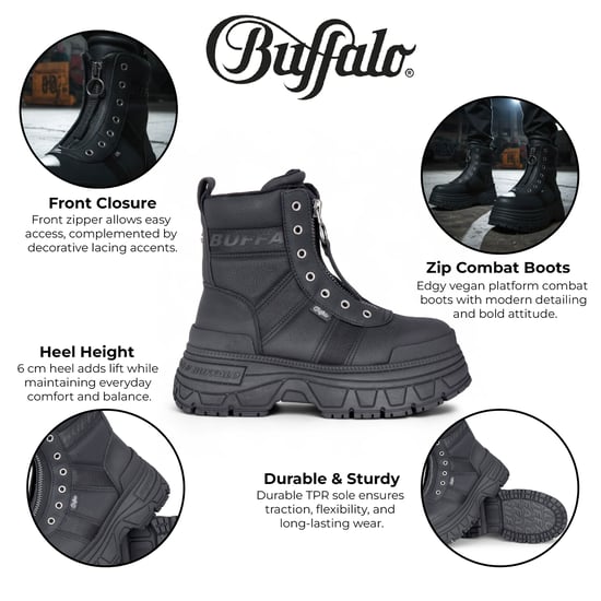Buffalo Damen Schwarze Chunky Plateau-Kampfstiefel mit Frontreißverschluss - Fusion - Image 2