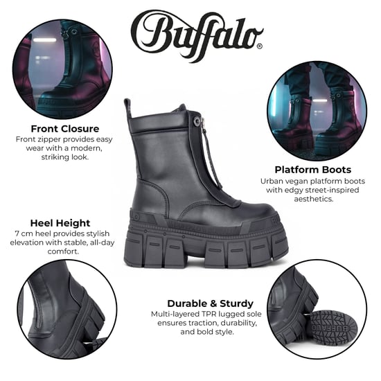 Buffalo Damen Schwarze Chunky Plateau-Kampfstiefel mit Frontreißverschluss - Gospher - Image 2