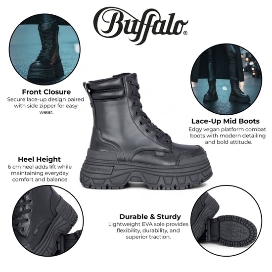 Buffalo Damen Schwarze Chunky Plateau-Schnürstiefel, mittelhoch - Fusion - Image 2