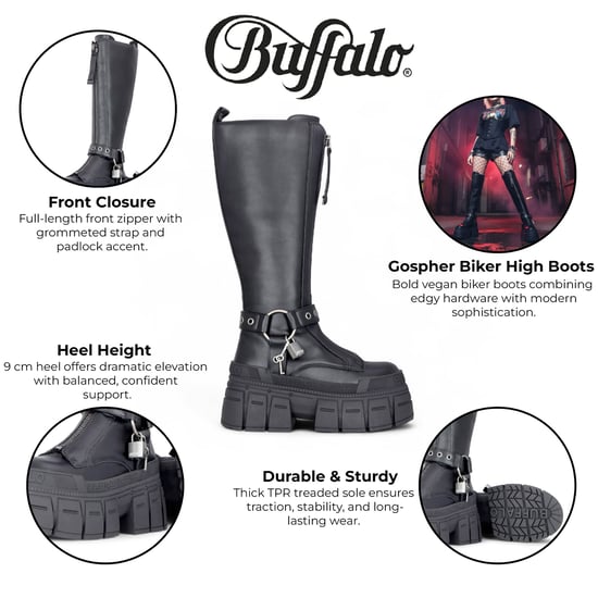 Buffalo Damen Biker-Kniehohe schwarze Chunky-Gothic-Plateau-Stiefel - Gospher Hi - Image 2