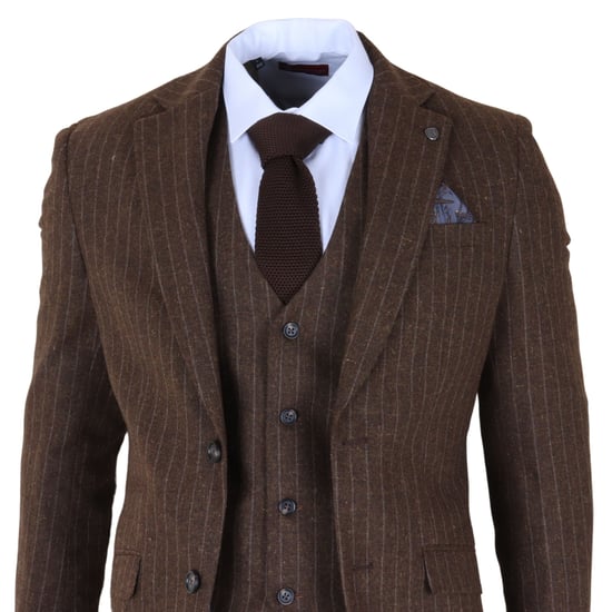 Brauner 3-teiliger Slim Fit-Anzug für Herren mit Nadelstreifen - Image 4