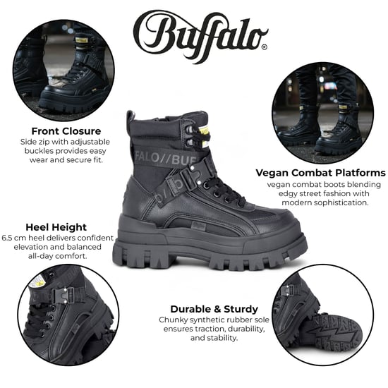 Buffalo Damen-Kampfstiefel mit hohem Schaft, klobig, Plateau, schwarz - ASPHA-COM1 - Image 2