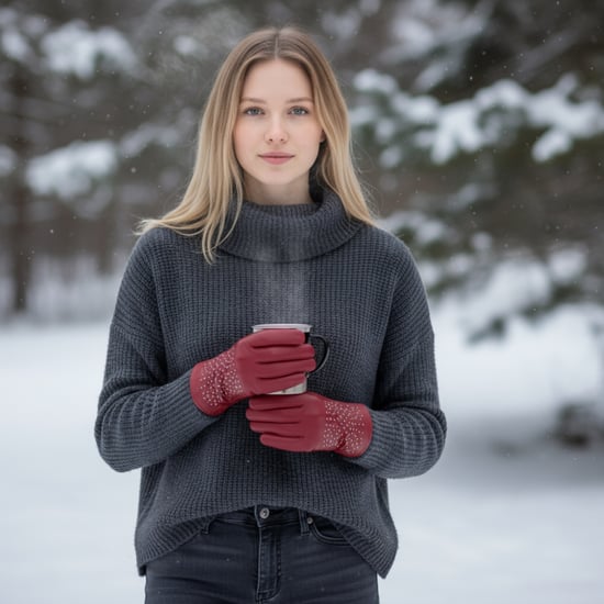 Rote italienische Leder-Fahrhandschuhe für Damen mit weichem Wollfutter, Winterdesign und Nietenbesatz - Image 2