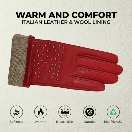 Rote italienische Leder-Fahrhandschuhe für Damen mit weichem Wollfutter, Winterdesign und Nietenbesatz - Image 3