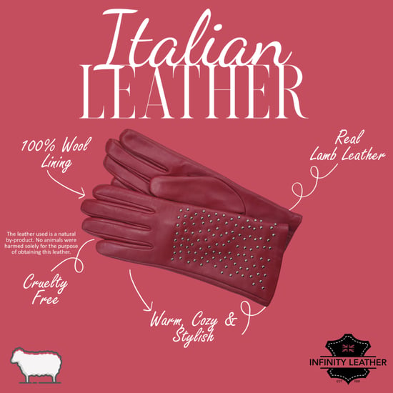Rote italienische Leder-Fahrhandschuhe für Damen mit weichem Wollfutter, Winterdesign und Nietenbesatz - Image 4