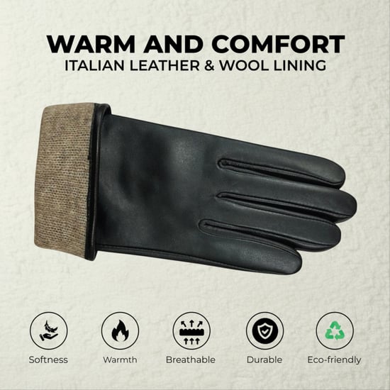 Schwarze italienische Leder-Fahrhandschuhe für Damen mit weichem Wollfutter, Winterdesign und Schleife - Image 3