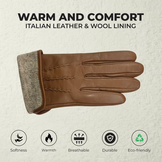 Damen-Fahrhandschuhe aus hellbraunem italienischem Leder mit weichem Wollfutter und Winter-Ziernahtdesign - Image 3