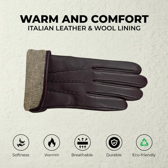 Lila Damen-Autofahrerhandschuhe aus italienischem Leder mit weichem Wollfutter und Winter-Ziernahtdesign - Image 3