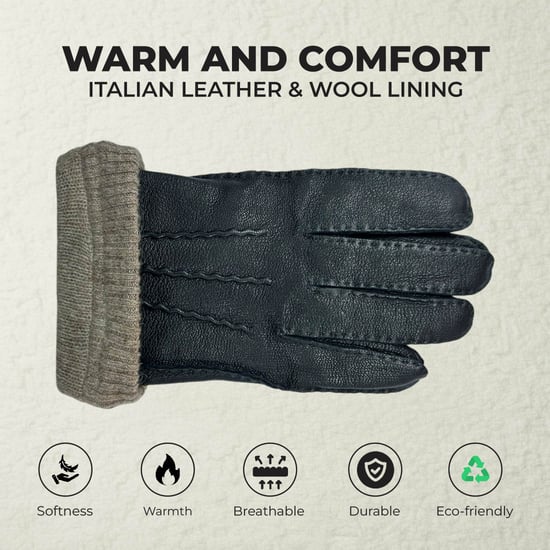 Schwarze Herrenhandschuhe aus italienischem Leder mit warmem Wollfutter, ideal für Winter, Reiten und Autofahren. - Image 3