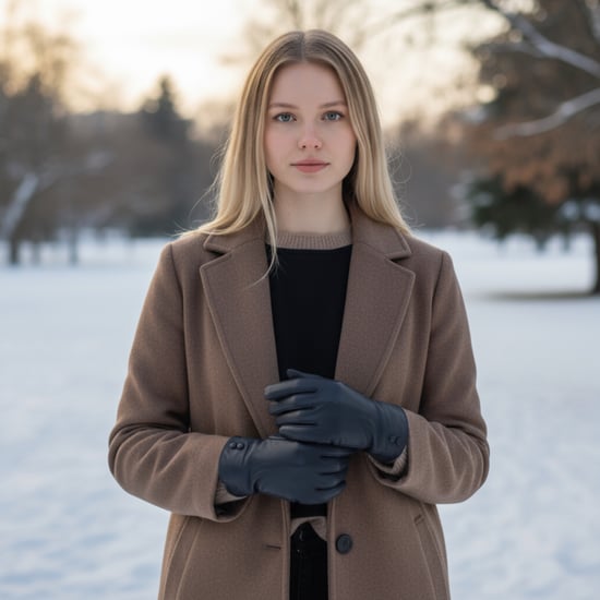 Schwarze italienische Leder-Fahrhandschuhe für Damen mit weichem Wollfutter, Winterknopfverschluss und Lederoptik - Image 2