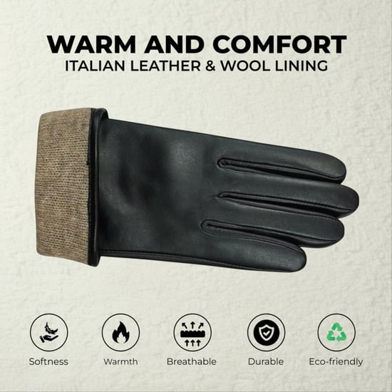 Schwarze italienische Leder-Fahrhandschuhe für Damen mit weichem Wollfutter, Winterknopfverschluss und Lederoptik - Image 3