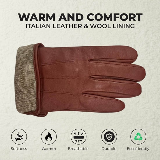 Herrenhandschuhe aus hellbraunem italienischem Leder mit warmem Wollfutter, ideal für Winter, Reiten und Autofahren. - Image 3