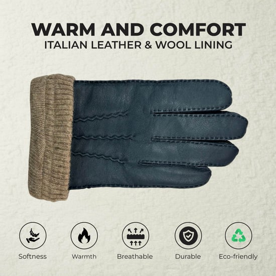 Herrenhandschuhe aus olivgrünem italienischem Leder, warm gefüttert mit Wolle, für Winter, Radfahren, Autofahren und Freizeit - Image 3