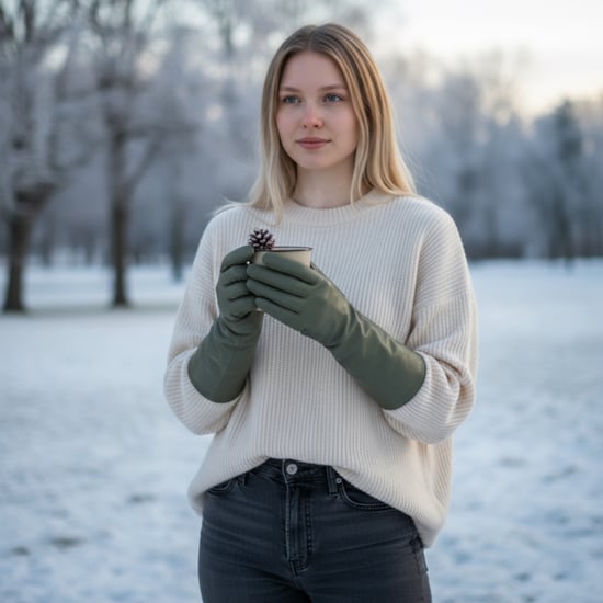 Lange olivgrüne Winterhandschuhe aus italienischem Leder mit weichem Wollfutter - Image 2