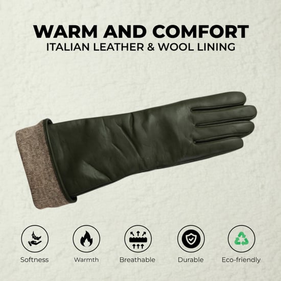 Lange olivgrüne Winterhandschuhe aus italienischem Leder mit weichem Wollfutter - Image 3