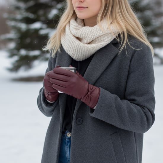 Damen-Fahrhandschuhe aus burgunderrotem italienischem Leder mit weichem Wollfutter und Schleifendesign für den Winter - Image 2