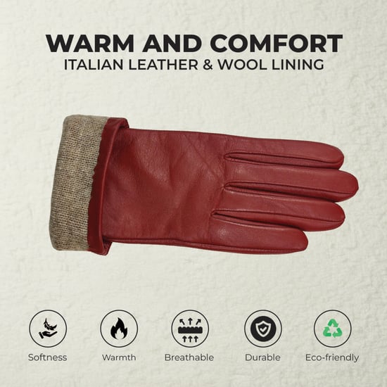 Damen-Fahrhandschuhe aus burgunderrotem italienischem Leder mit weichem Wollfutter und Schleifendesign für den Winter - Image 3