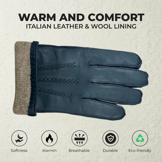 Herrenhandschuhe aus marineblauem italienischem Leder mit warmem Wollfutter, Winter-Ziernahtdesign, ideal zum Reiten, Autofahren und für Freizeit. - Image 3