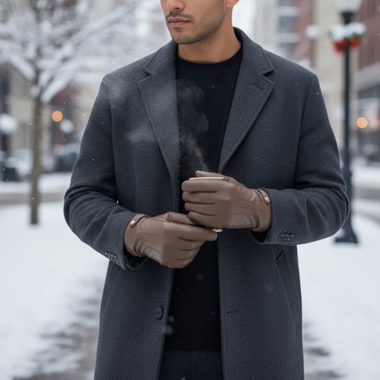 Herren-Winterhandschuhe aus hellbraunem italienischem Leder mit warmem Wollfutter, ideal zum Radfahren, Autofahren und für Freizeitaktivitäten. - Image 2