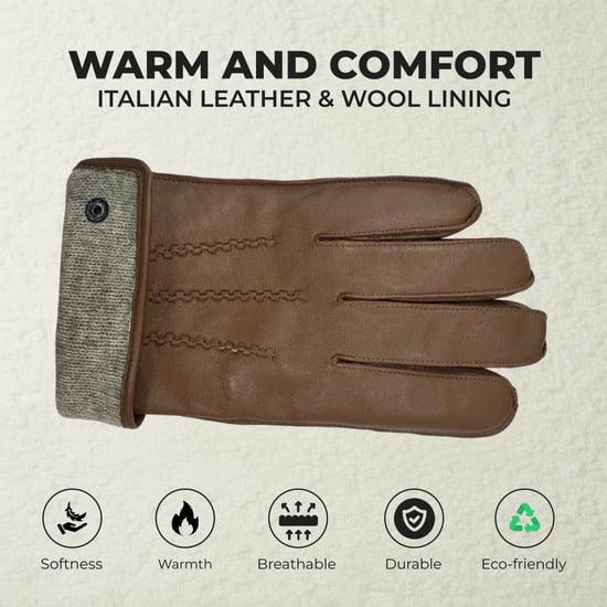 Herren-Winterhandschuhe aus hellbraunem italienischem Leder mit warmem Wollfutter, ideal zum Radfahren, Autofahren und für Freizeitaktivitäten. - Image 3