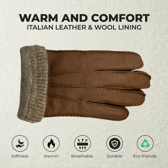 Herrenhandschuhe aus hellbraunem italienischem Leder mit warmem Wollfutter, ideal für Winter, Reiten und Autofahren. - Image 3