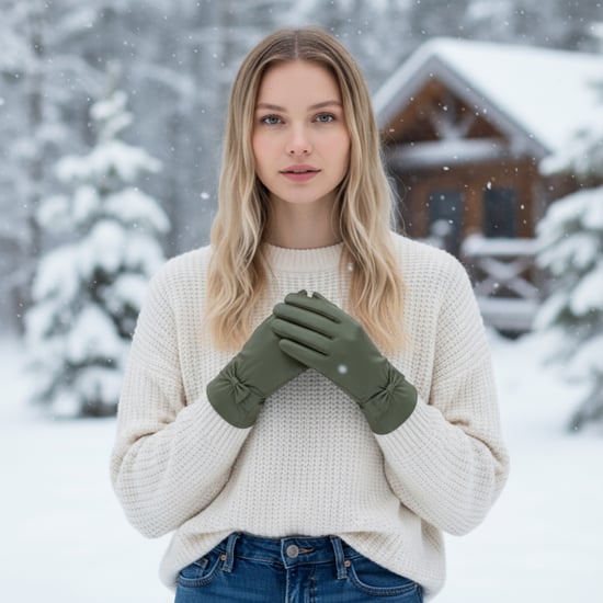 Damen-Fahrhandschuhe aus olivgrünem italienischem Leder mit weichem Wollfutter und Schleifendesign für den Winter - Image 2
