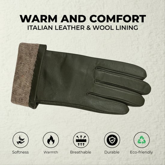 Damen-Fahrhandschuhe aus olivgrünem italienischem Leder mit weichem Wollfutter und Schleifendesign für den Winter - Image 3
