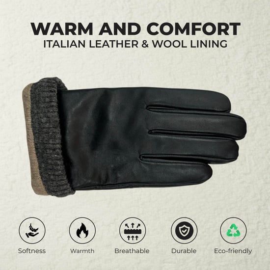 Schwarze Herrenhandschuhe aus italienischem Leder mit warmem Wollfutter, ideal für Winter, Radfahren, Autofahren und Freizeit. - Image 3