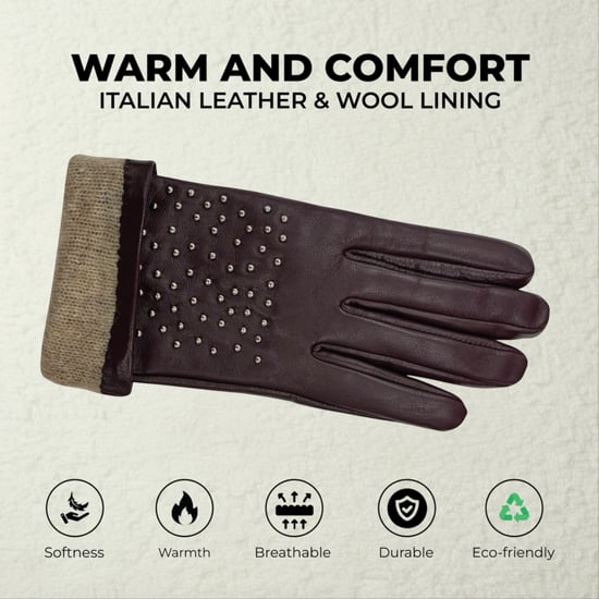 Lila italienische Leder-Fahrhandschuhe für Damen mit weichem Wollfutter, Winterdesign und Nietenbesatz - Image 3