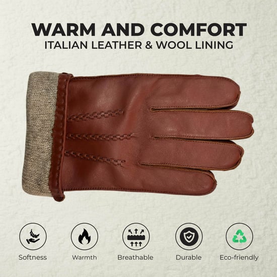 Herrenhandschuhe aus kastanienbraunem italienischem Leder mit warmem Wollfutter, Winter-Ziernahtdesign, Reit- und Fahrhandschuhe für Freizeit und Freizeit - Image 3