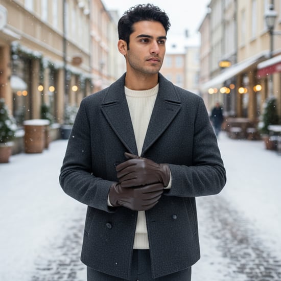 Braune Herrenhandschuhe aus italienischem Leder mit warmem Wollfutter, Winter-Ziernahtdesign, ideal zum Reiten, Autofahren und für Freizeit. - Image 2