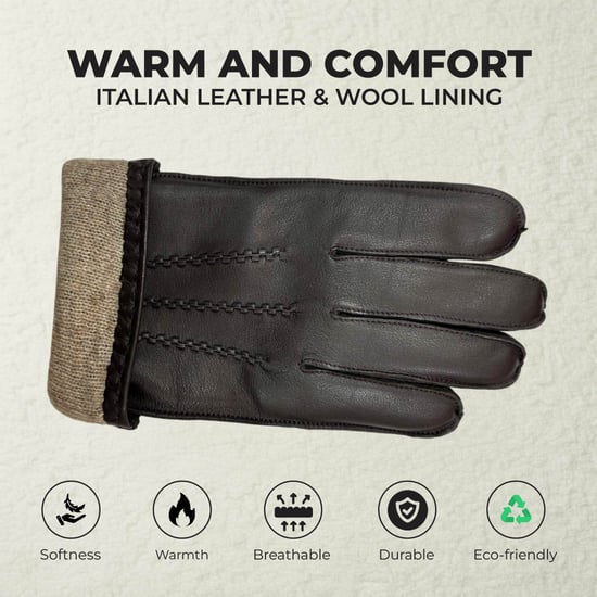 Braune Herrenhandschuhe aus italienischem Leder mit warmem Wollfutter, Winter-Ziernahtdesign, ideal zum Reiten, Autofahren und für Freizeit. - Image 3