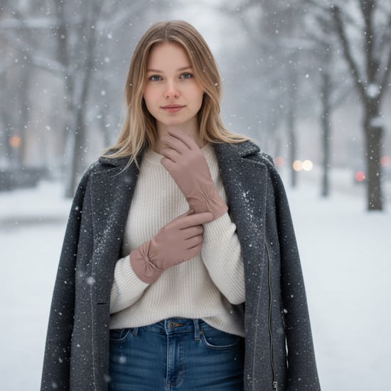 Damen-Fahrhandschuhe aus nudefarbenem, beigefarbenem italienischem Leder mit weichem Wollfutter und Schleifendesign für den Winter - Image 2
